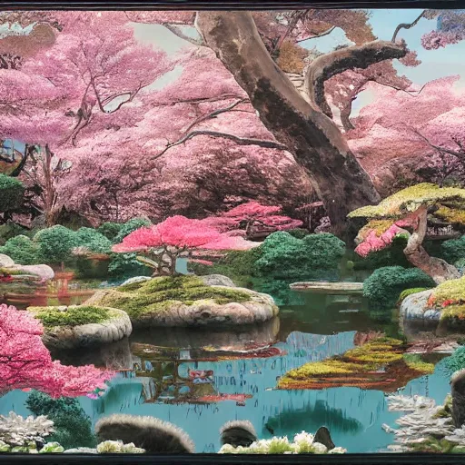 japanese water garden with cherry blossoms