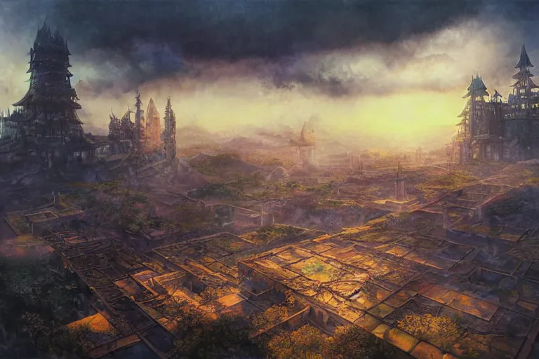 Image similar to fantasy painting, aerial view of an ancient land, sunset and ominous shadows over the kingdom, brutalist shiro himeji rivendell palace eden by jessica rossier and ( ( ( ( brian froud ) ) ) )