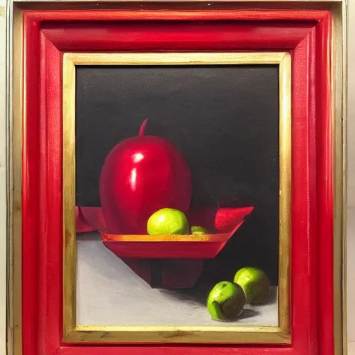 Image similar to a monochromatic nature morte painting in a bright red frame