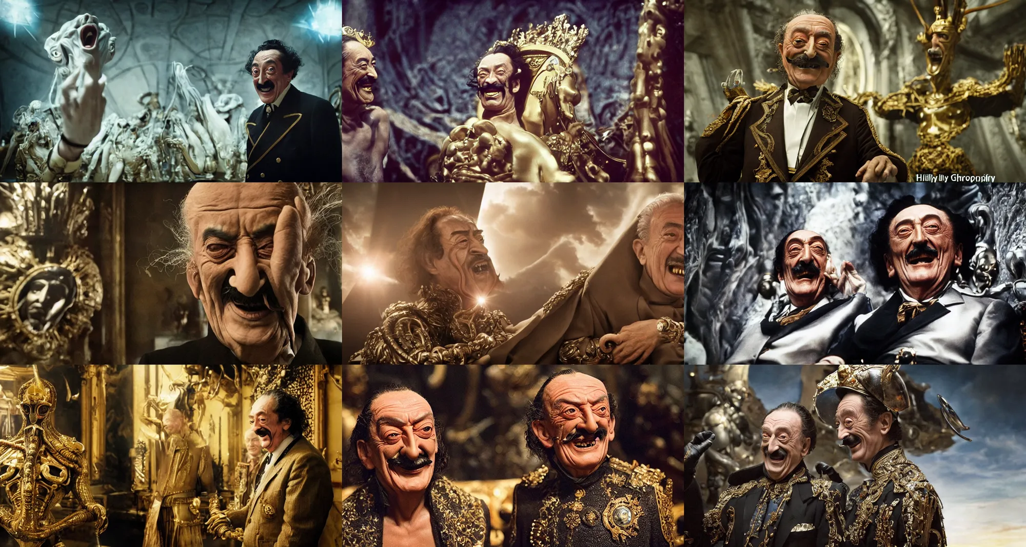 Prompt: laughing salvador dali in the role of emperor | prometheus movie by ridley scott with cinematogrophy of christopher doyle and art direction by hans giger, anamorphic bokeh and lens flares, 8 k, higly detailed masterpiece