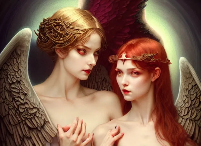 Image similar to portrait of demonic woman and angelic woman, confident pose, pixie, genshin impact, intricate, elegant, sharp focus, soft bokeh, illustration, highly detailed, concept art, 3 d 8 k, trending on artstation, bright colors, art by wlop and artgerm and greg rutkowski, mucha, giger, marvel comics