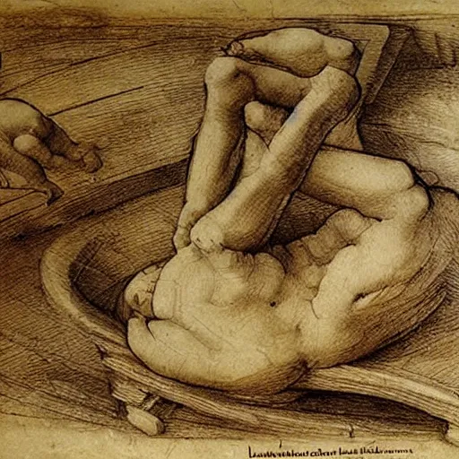 Image similar to sketches from leonardo da vinci's notebook about a hot tub