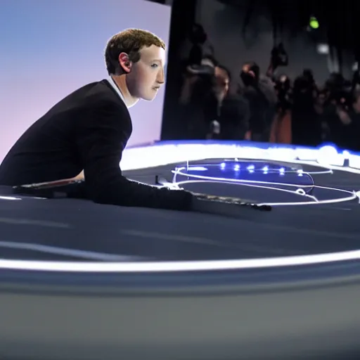 Image similar to mark Zuckerberg piloting an advanced drone from a sci-fi control deck. Glowing lights.