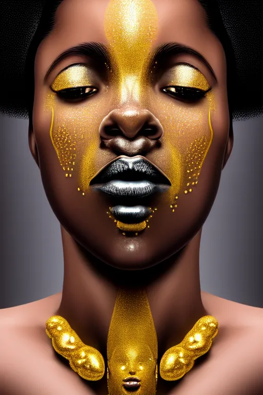 Prompt: hyperrealistic precisionist cinematic profile very expressive! black oshun goddess, in water! up to shoulders, mirror dripping droplet!, gold flowers, highly detailed face, digital art masterpiece, smooth eric zener cam de leon, dramatic pearlescent teal light on one side, low angle uhd 8 k, shallow depth of field