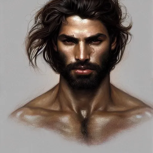 Image similar to very very very epic portrait of the greek man patroclus, soft hair, muscular, half body, leather, hairy, d & d, fantasy, intricate, elegant, highly detailed, digital painting, artstation, concept art, smooth, sharp focus, illustration, art by artgerm and greg rutkowski and alphonse mucha