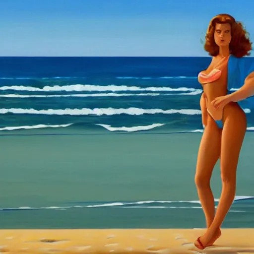 Prompt: women at the beach by jack vettriano, bikini, unreal engine, artistic.