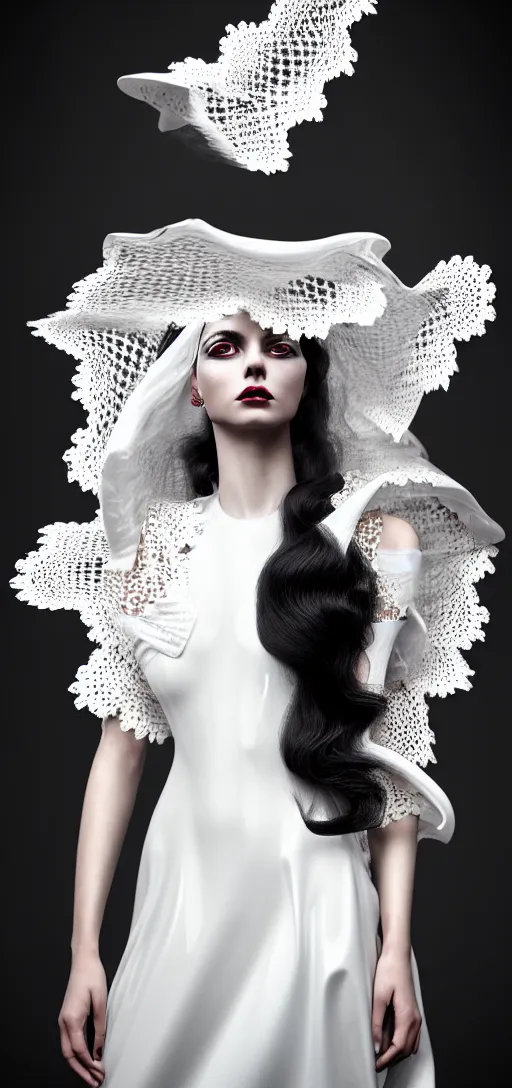 Image similar to an fierce nubile young woman with dark eye shadow and long dark hair, painted in futuristic white latex, waves of billowing doily dress, clear skin, elegant, graceful, fashionable, cinematic, hyperdetailed illustration by irakli nadar and alexandre ferra, depth of field, global illumination,