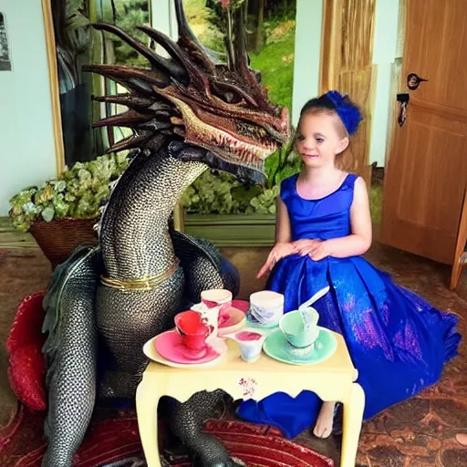 Prompt: A beautiful young little princess and a regal ancient dragon have a tea party