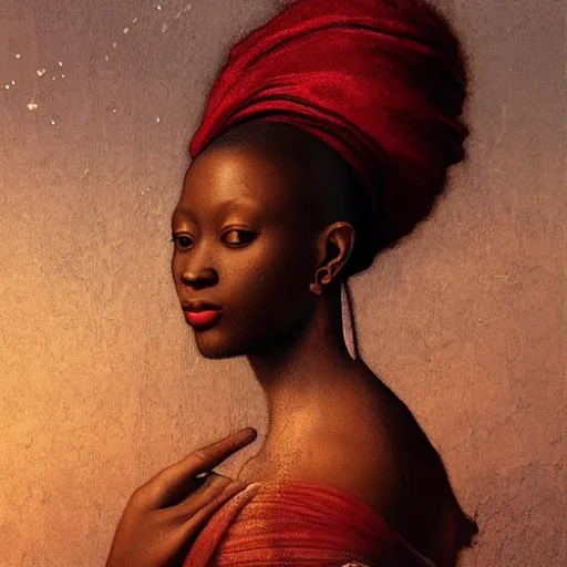 Image similar to a painting of a beautiful African woman by Leonardo da Vinci . dramatic angle, ethereal lights, details, smooth, sharp focus, illustration, realistic, cinematic, artstation, award winning, rgb , unreal engine, octane render, cinematic light, macro, depth of field, blur, red light and clouds from the back, highly detailed epic cinematic concept art CG render made in Maya, Blender and Photoshop, octane render, excellent composition, dynamic dramatic cinematic lighting, aesthetic, very inspirational, arthouse.