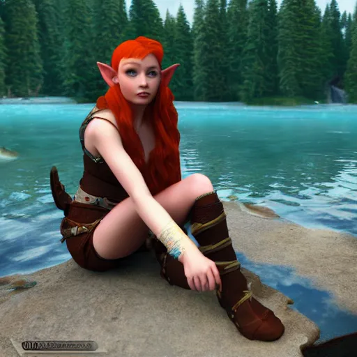 Prompt: beautiful female redhead elf warrior sitting next to a beautiful lake at dawn, enjoying the wind, 8k ultra realistic, award winning, unreal engine 5, masterpiece, atmosphere glow, hyperrealistic, focused, extreme details, cinematic