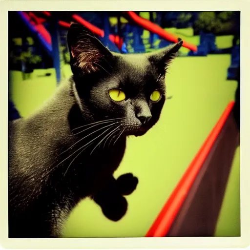 Prompt: happy black cat on a rollercoaster looping. focus on the cat. sunlight. polaroid photo. vivid colors.