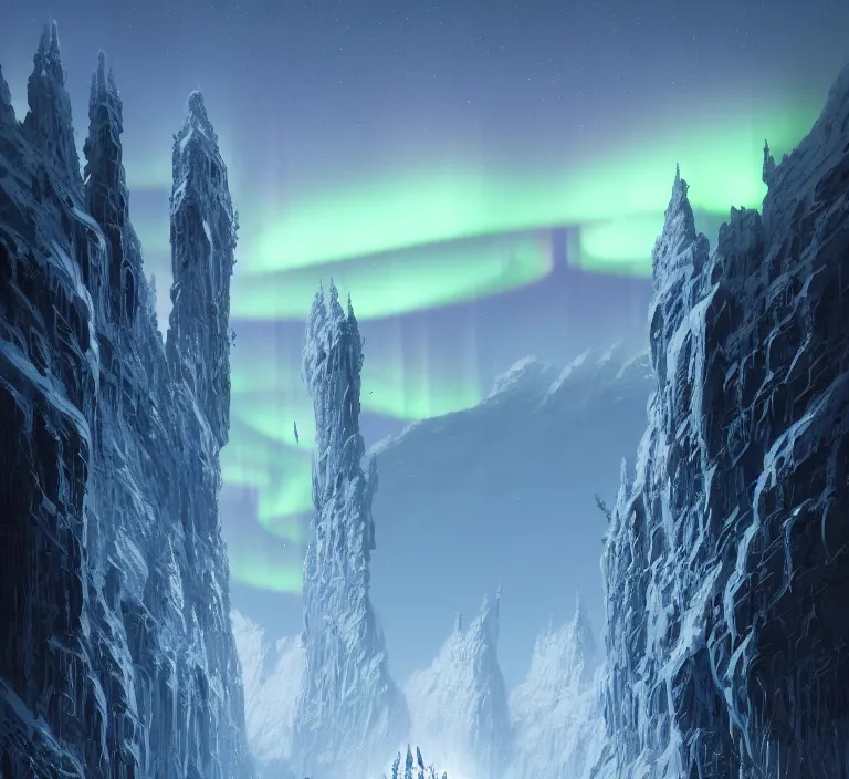 Image similar to a very detailed concept art of intricate and well designed white gates to epic mountains, infused with aurora borealis by greg rutkowski, dynamic lighting trending on artstation, symmetry, digital art, 4 k, hyper realistic, octane render, sharp focus