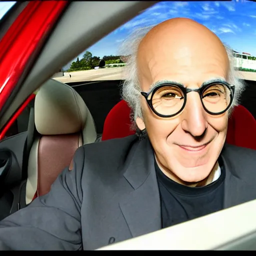 Image similar to larry david in his 2 0 0 9 prius, fisheye lens, anime style