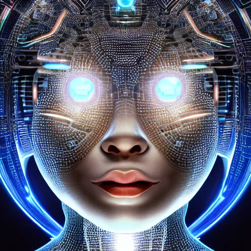 Prompt: an insanely detailed cibernetic artwork of a futuristic artificial intelligence superstar, centered image, with frames made of detailed fractals, octsne render, 4k, insanely detailed, cgi