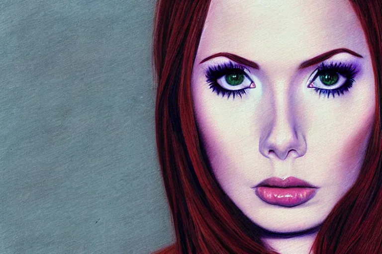 Image similar to sultry look in her eyes Karen Gillan close-up portrait looking straight on, complex artistic color pencil sketch illustration, full detail, gentle shadowing, fully immersive reflections and particle effects, chromatic aberration.