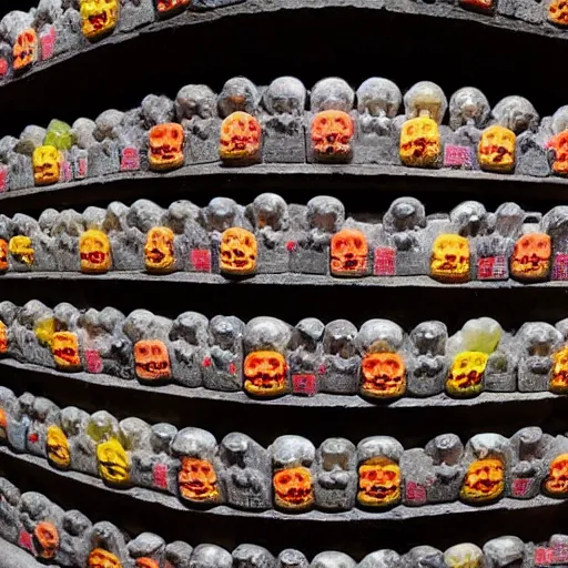 Image similar to photo of paris catacombs with walls of haribo gummy skulls