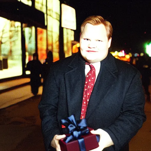 Image similar to 1 9 9 8 andy richter wearing a black wool coat and necktie standing on the streets of chicago at night in winter, holding shopping bags gifts, dynamic lighting, holiday season.