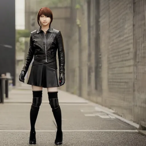 Image similar to a dynamic, epic cinematic 8K HD movie shot of a japanese young J-Pop idol girl wearing leather jacket, miniskirt, nylon tights and high heels boots. Motion, VFX, Inspirational arthouse