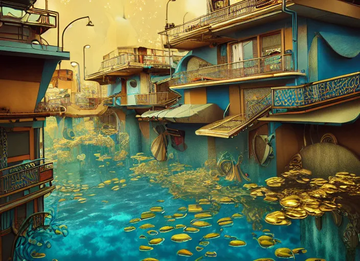 Image similar to art nouveau favela, underwater environment, scenery, professional, award - winning, trending on artstation, hyper detailed, realistic, beautiful, emotional, shiny, golden, picture