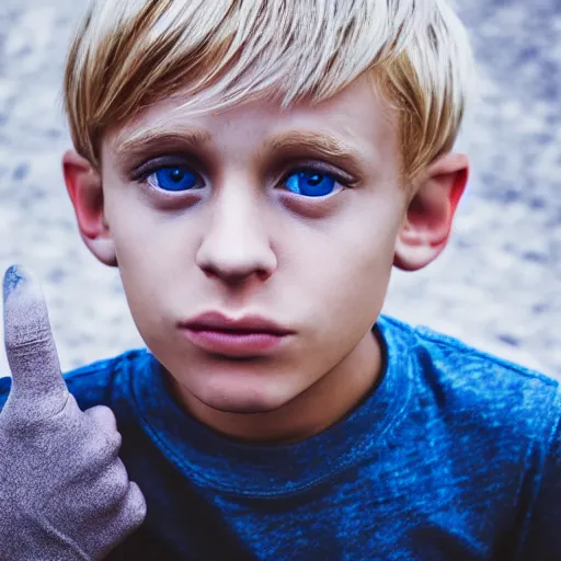 Image similar to portrait of a boy with his hand on his face, extremely realistic and real, photorealistic, blonde hair and blue eyes, detailed facial structure, real eyes that are detailed