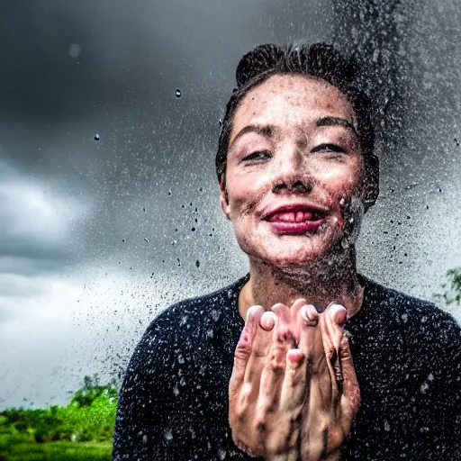 Prompt: 4 k hdr full body wide angle sony portrait kim showering in a rainstorm with moody stormy overcast lighting