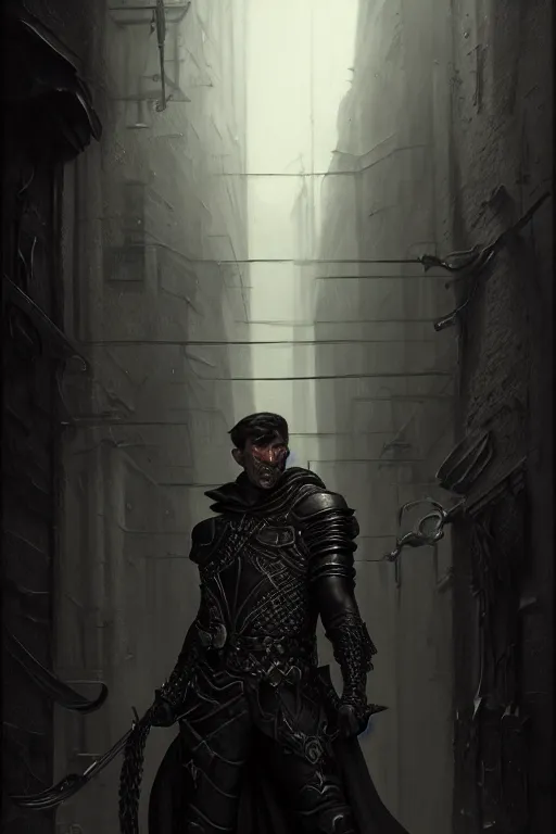 Prompt: portrait of a male muscular thief wearing black leather armor in a dark alleyway, fantasy, intricate, elegant, highly detailed, digital painting, artstation, concept art, matte, sharp focus, illustration, art by aenaluck and roberto ferri and greg rutkowski, epic fantasy, moody, dark mood, digital painting