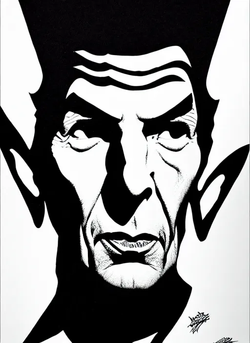 Image similar to leonard nimoy as spock, extremely detailed, bold line art, by vincent di fate and joe fenton and artgerm, inking, etching, screen print, masterpiece, trending on artstation, sharp, high contrast, hyper realistic, hd, 4 k, 8 k