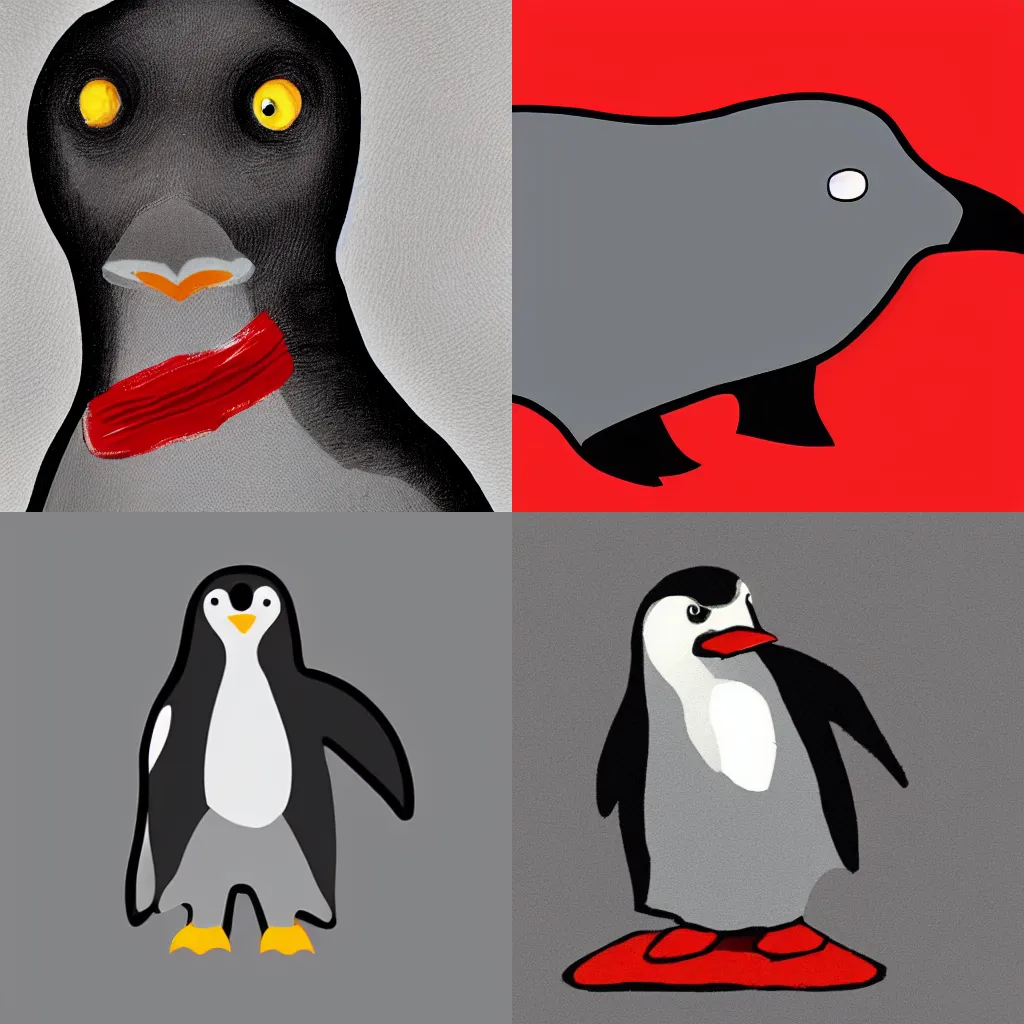 Prompt: A grey penguin with a dog\'s head and a red saliva around his neck, illustration