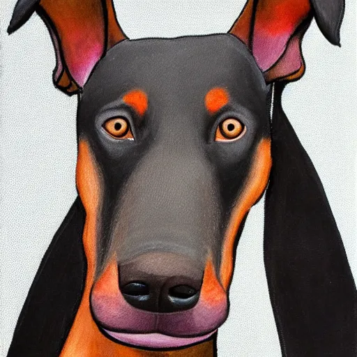 Image similar to Portrait of a Doberman, floppy ears, fine art, pastoral