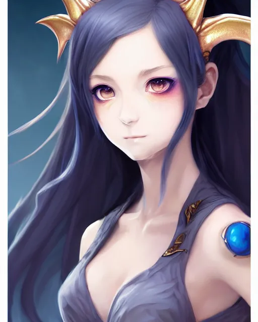Image similar to character concept art of a woman with water dragon horns and wings | | very anime, dragon scales, cute - fine - face, pretty face, realistic shaded perfect face, fine details by stanley artgerm lau, wlop, rossdraws, james jean, andrei riabovitchev, marc simonetti, and sakimichan, trending on artstation