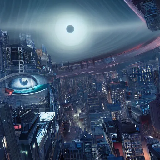 Image similar to a futuristic cityscape, giant eye looking over it, horror, dark light, 8 k, detailed, hyperrealistic