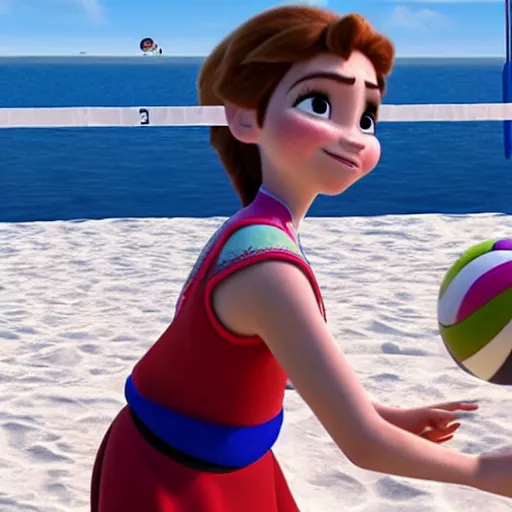 Prompt: anna from frozen playing beach volleyball, ultra realistic, 8 k, highly detailed