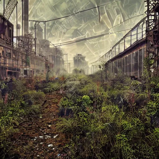 Prompt: hyper-industrial steam punk abandoned city photo overgrown taken at dusk, realistic painting, sad themed