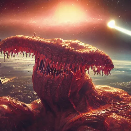 Image similar to eldritch horror bloody garfield in space, hd, 8 k, giant, epic, realistic photo, unreal engine, stars, prophecy, powerful, cinematic lighting, destroyed planet, debris, violent, sinister, ray tracing, dynamic, epic composition, dark, horrific, teeth, grotesque, monochrome drawing, hellscape