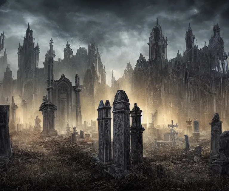 Image similar to a city of tombs and tombstones, graveyard landscape, ghostly spirits, giant grave structures, giant tomb structures, bloodborne, dark fantasy, digital art, fantasy art