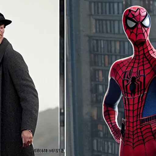 Image similar to spiderman as sherlock holmes, an film of sam raimi