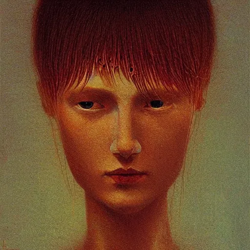 Image similar to portrait painting of teenage female knight by Beksinski, she is pale with short dark hairs. Strange creatures are around