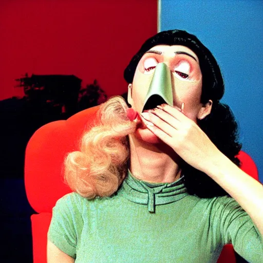 Image similar to 1983 sad woman on a talk show show with a long prosthetic snout nose, big nostrils, wearing a dress, 1983 French film color archival footage color film 16mm Fellini Almodovar John Waters Russ Meyer movie still