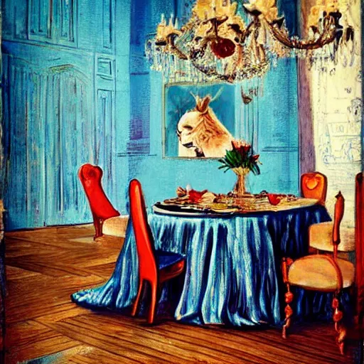 Prompt: alice in the wonderland, table, chairs, wood floor, blue dress, blonde by cheval michael