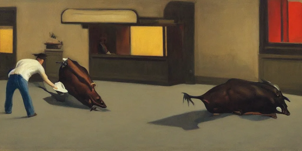 Prompt: “a mechanical bull by Edward Hopper”