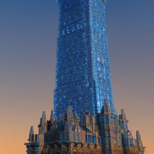 Prompt: Render of a beautiful tower made of gigantic pieces of radiant blue crystal, golden hour, serene, hyperdetailed, trending on Artstation, Unreal Engine 4k