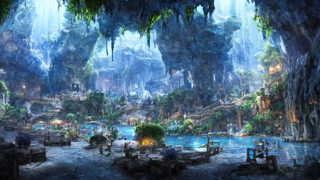 Image similar to underground city, blue lake, fantasy artwork, very very very beautiful scenery, hd, hdr, ue5, ue6, unreal engine 5, cinematic 4k wallpaper, 8k, ultra detailed, high resolution, artstation, award winning