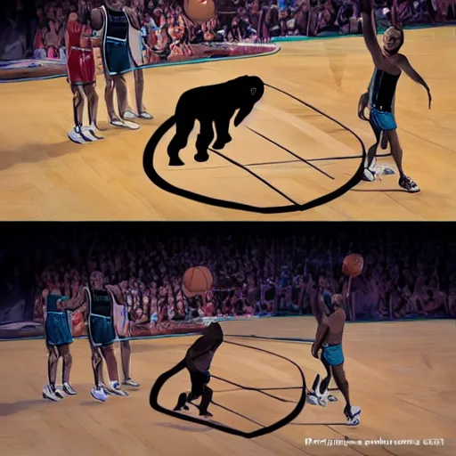 Prompt: gorilla playing basketball, nba game