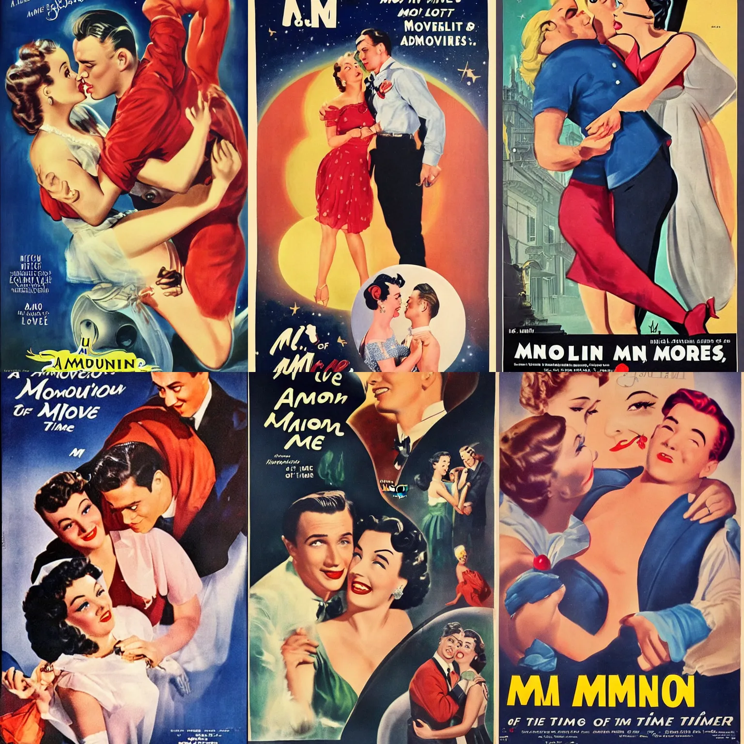 Prompt: A movie poster for THE AMOROUS ADVENTURES OF M & M (1953): 'Moonlight is the time for love.'