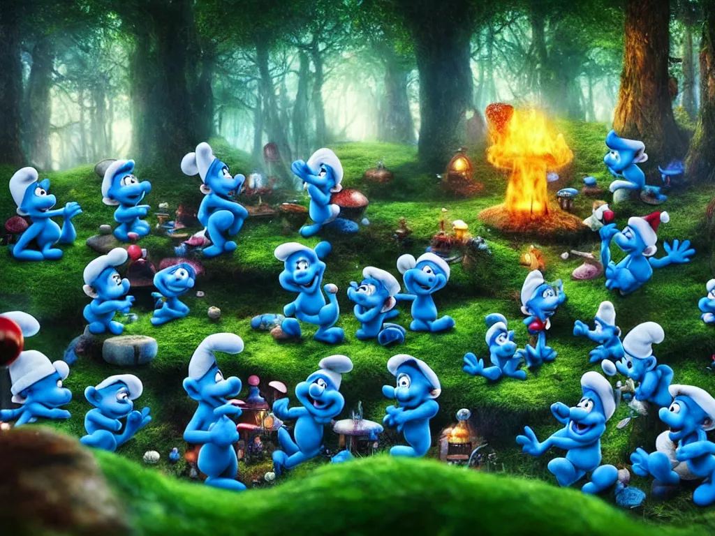 Prompt: smurfs partying in the enchanted forest in their magic mushroom town, photorealistic painting, cgi, low volumetric light, movie still, very cute and cozy and fluffy and sweet
