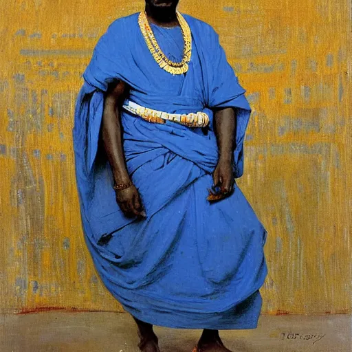 Prompt: royal portrait of king of dahomey outdoors dressed in airy blue and white benin toga and sandals, 1905, brightly coloured oil on canvas, by ilya repin
