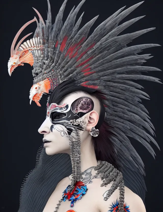 Image similar to 3 d goddess close - up profile simple portrait punk with mohawk with ram skull. beautiful intricately detailed japanese crow kitsune mask and clasical japanese kimono. betta fish, jellyfish phoenix, bio luminescent, plasma, ice, water, wind, creature, artwork by tooth wu and wlop and beeple and greg rutkowski