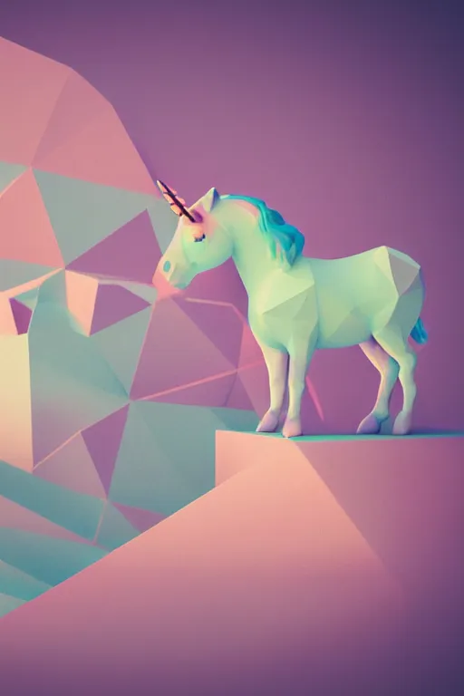 Image similar to geometric 3 d render, soft bright pastel, unicorn in the middle, mountains surrounding, rule of thirds