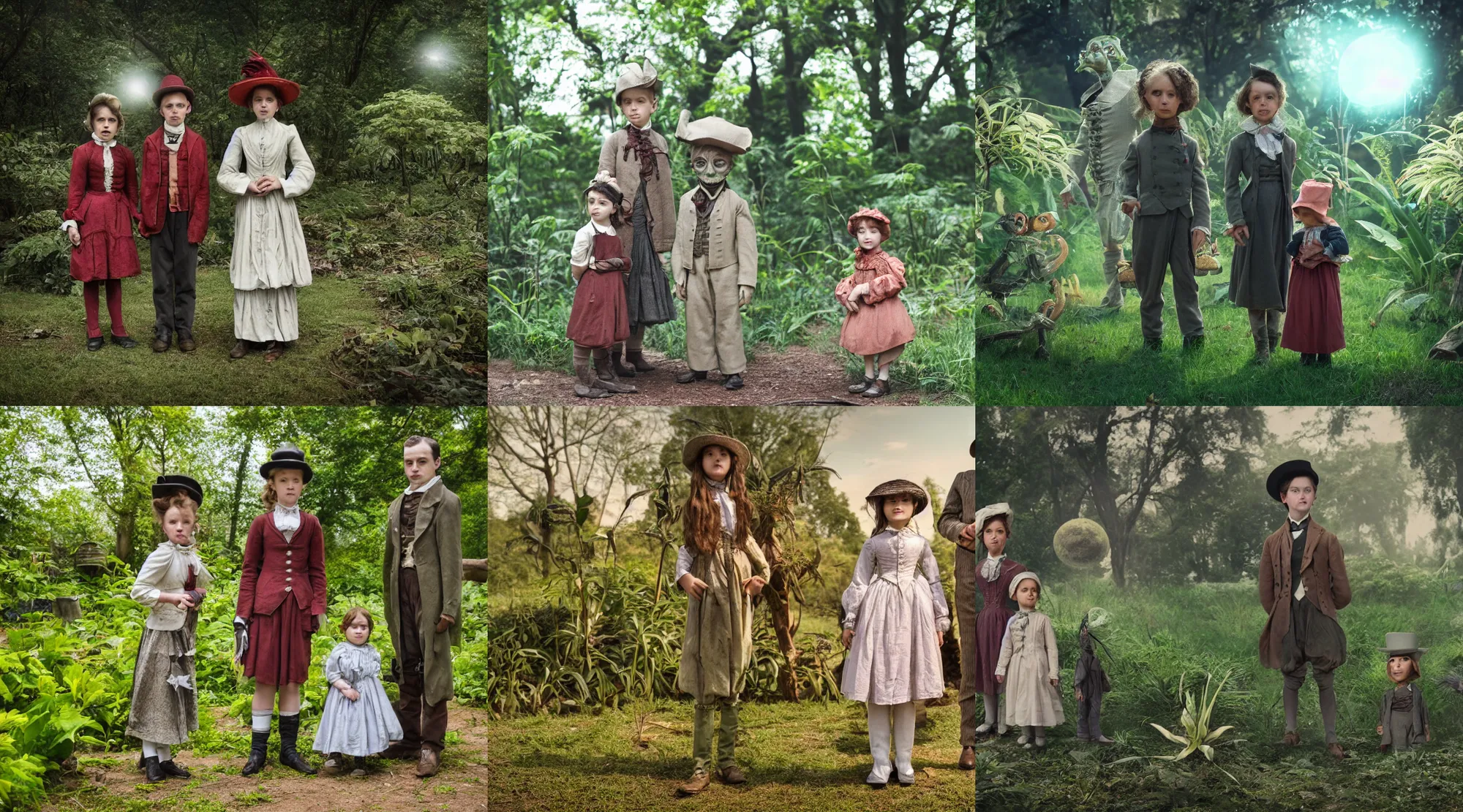 Prompt: sharp, a girl and a boy standing next to some strange wild alien plants, wearing 1860s era clothes, their small pet tiny alien creature is standing nearby, in a park on a strange alien planet, in focus faces, award winning photograph, 4k, cinematic lighting