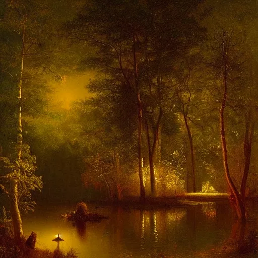 Prompt: an enchanted forest full of fireflies, night, warm light, by albert bierstadt